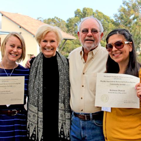 Lauren Ward (l) and Reshma Dhawan (r) flank Ann Lippincott and Ned Emerson