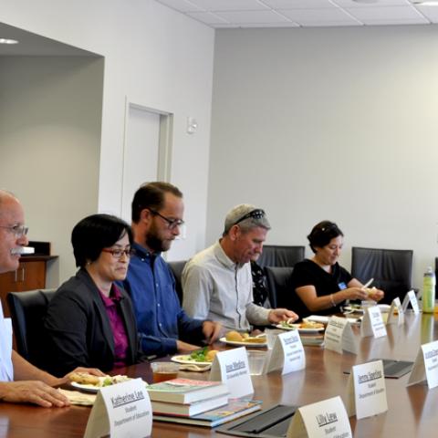 Jose Medina meets with the GGSE, including Dean Milem (right)